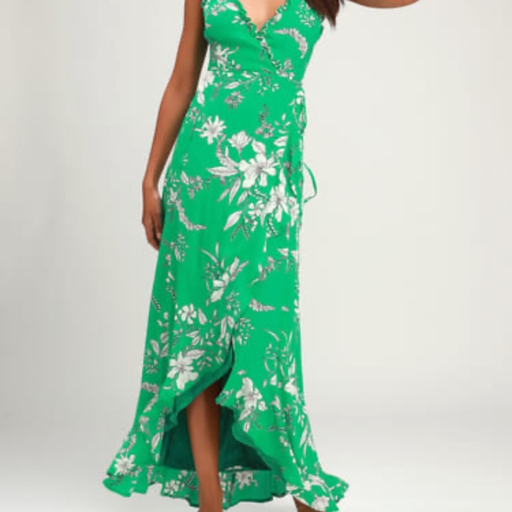 Lulu’s Sun Salutation Green Floral Wrap Dress